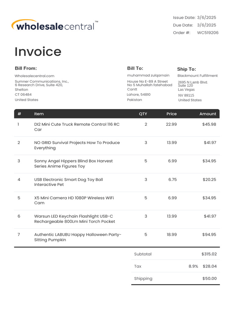 Wholesale Invoice for Order WC519206 | PDF | Invoice