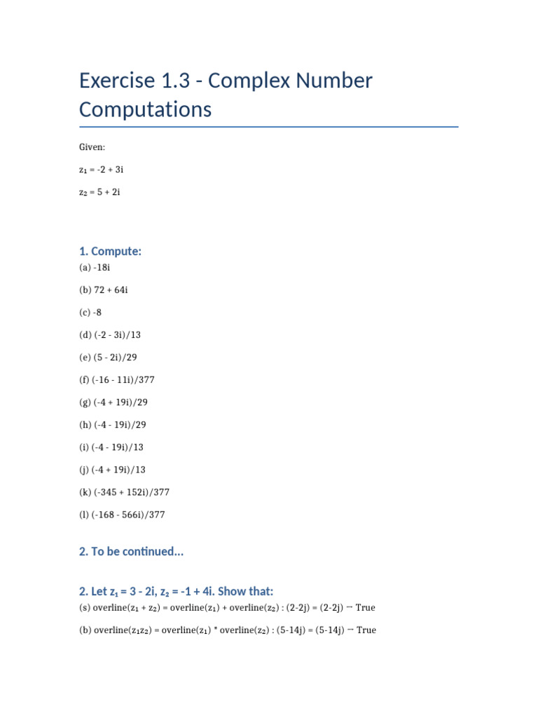 Complex Number Computations Exercise | PDF