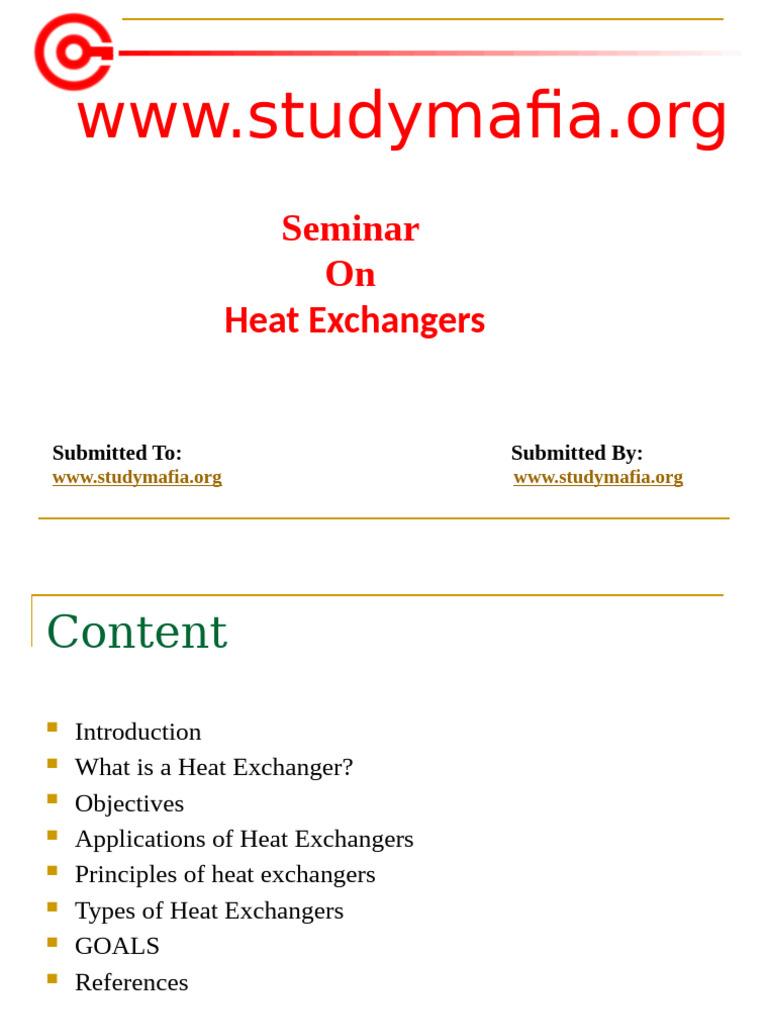 Seminar on Heat Exchangers Overview | PDF | Heat Exchanger | Heat Transfer