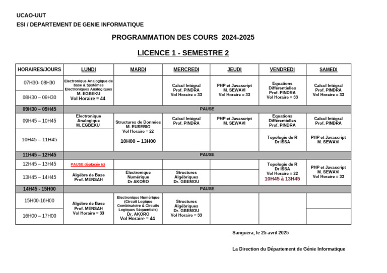 Emploi du temps Licence Informatique 2024-2025 | PDF | Électronique ...