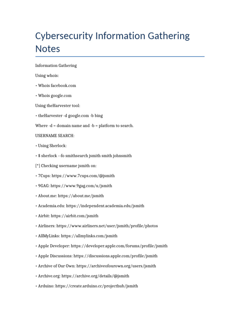 Cybersecurity Information Gathering Notes | PDF