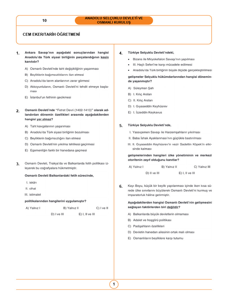 Anadolu Selcuklu Devleti Ve Osmanli Kurulus | PDF