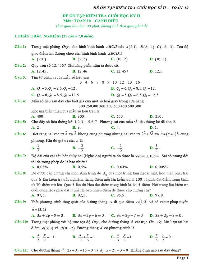 Đề ôn tập toán 10 - Đề 6 | PDF