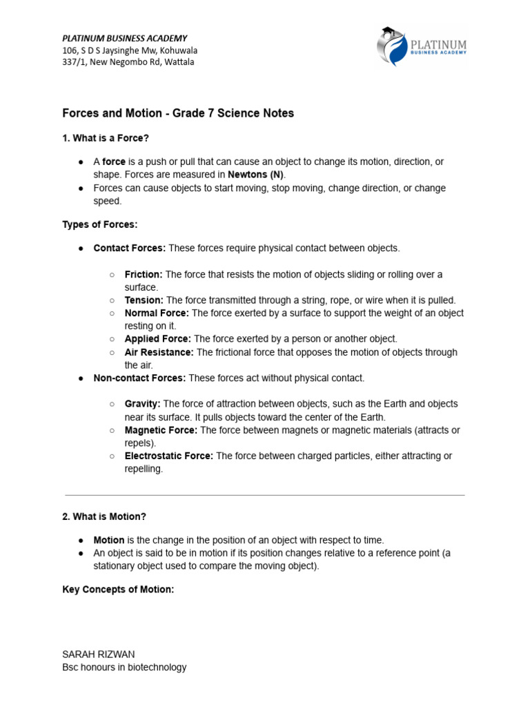 Grade 7 Forces and Motion Overview | PDF | Force | Friction