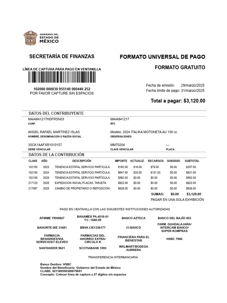 Pago Tenencia Estado de México 2025 | PDF | Bancos | Finanzas personales
