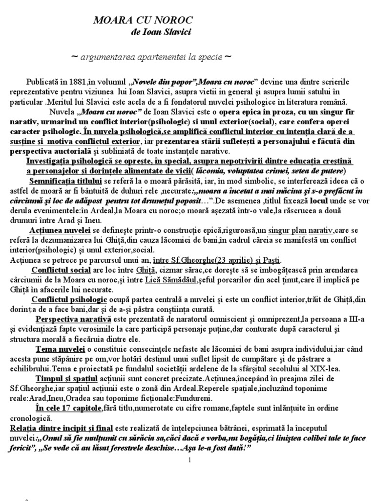 MOARA CU NOROC Argumentarea Apartenentei La Specie