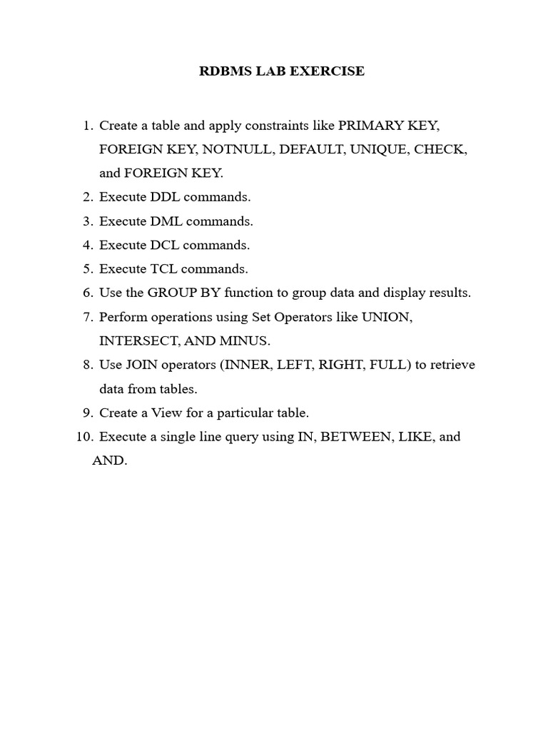 RDBMS Lab Exercise Overview | PDF