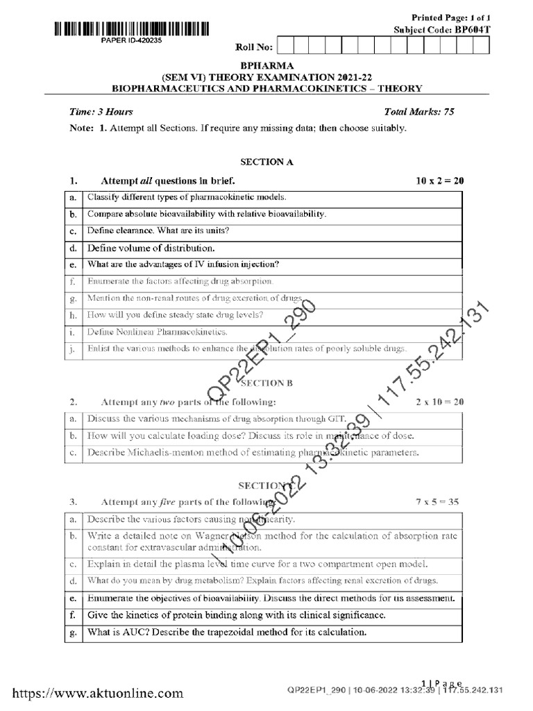 Bpharm 6 Sem Biopharmaceutics and Pharmacokinetics Bp604t 2022 | PDF