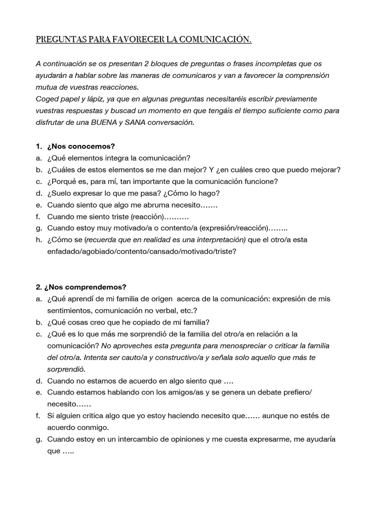 TEST - PREGUNTAS PARA FAVORECER LA BUENA COMUNICACIÓN - PDF | PDF