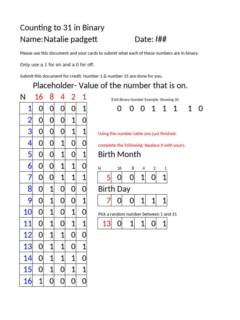 Binary Counting from 1 to 31 | PDF