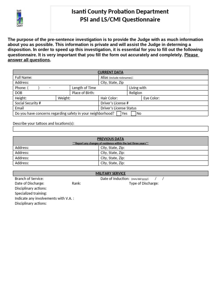 Isanti County PSI and LS/CMI Form | PDF | Mental Disorder | Substance Abuse