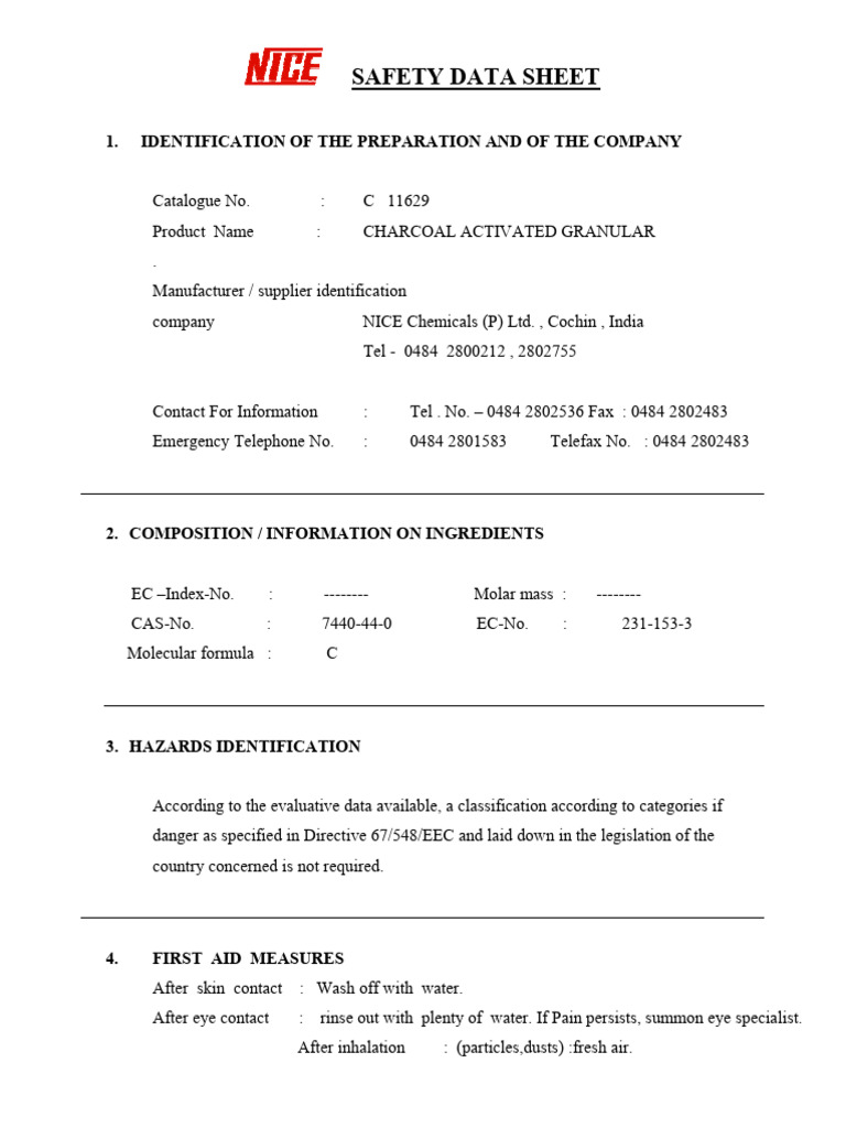 Charcoal Activated Granular Safety Data | PDF | Fires | Toxicity