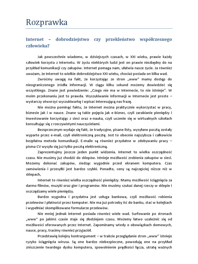 Internet Dobrodziejstwo Czy Zagrozenie Rozprawka