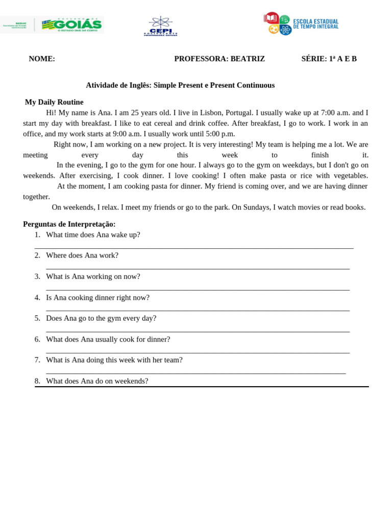 Atividade Ingles Simple Present Continuous | PDF | Food And Drink ...
