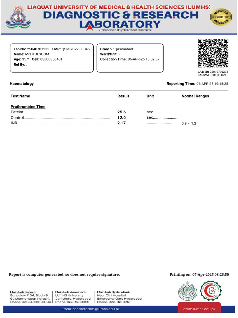 INR Test Results for Mrs. Kulsoom | PDF