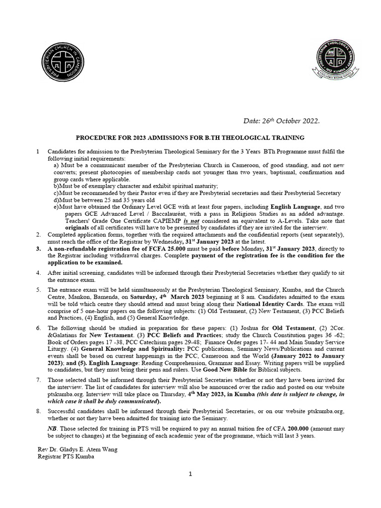 2023 Admissions for B.Th. Program | PDF | Presbyterianism