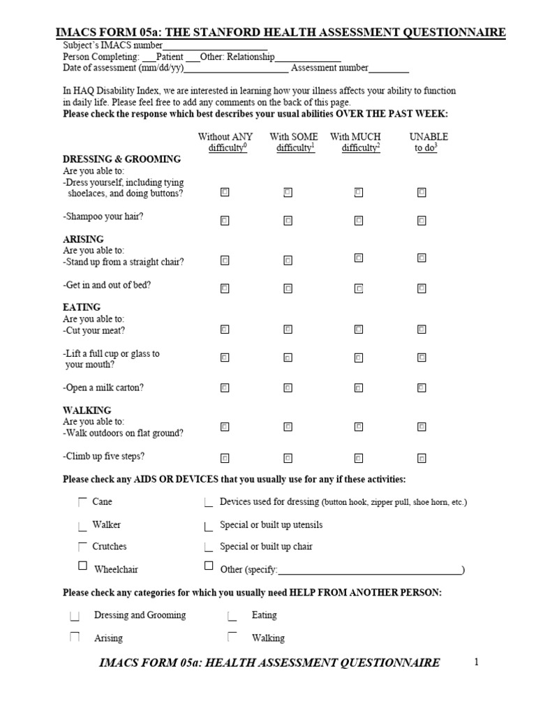 HAQ Health Assessment Questionnaire | PDF