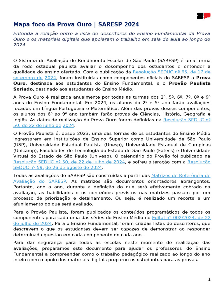 Mapa Foco Da Prova Ouro - SARESP 2024 - EF LI | PDF | Famílias ...