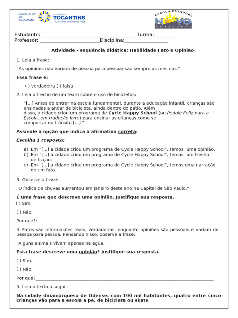 Atividade: Fato e Opinião 5º Ano | PDF | Escolas | Educação primária