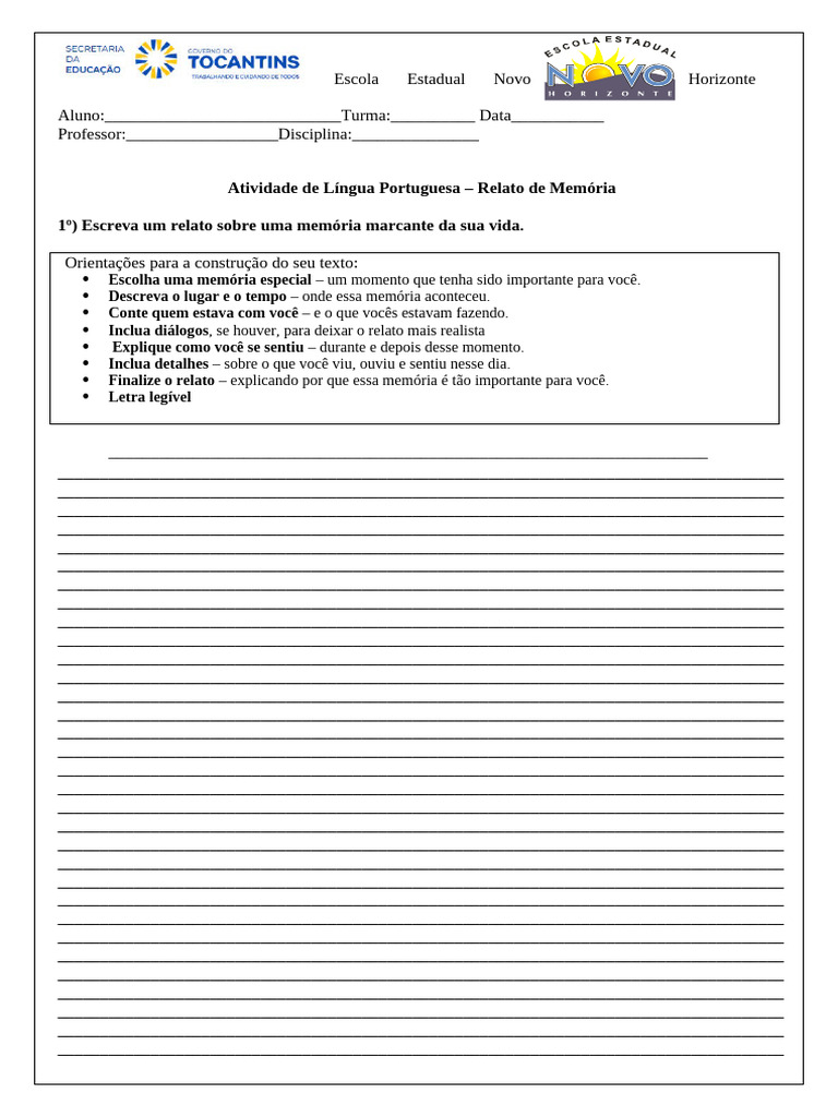 Atividade: Relato de Memória 5º Ano | PDF
