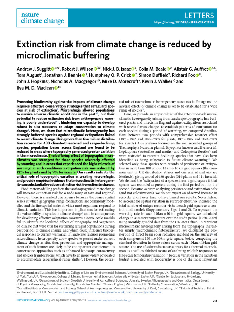 Extintion Risk of Climate Change Is Reduced by Microclimate Buffering ...