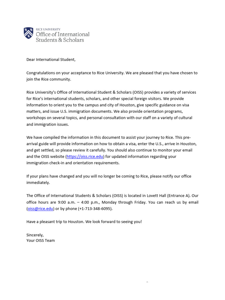 Rice International Student Pre-Arrival Guide | PDF | Travel Visa ...