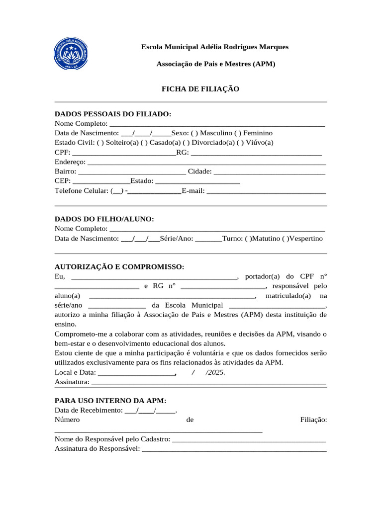 Ficha de Filiação à APM Escolar | PDF