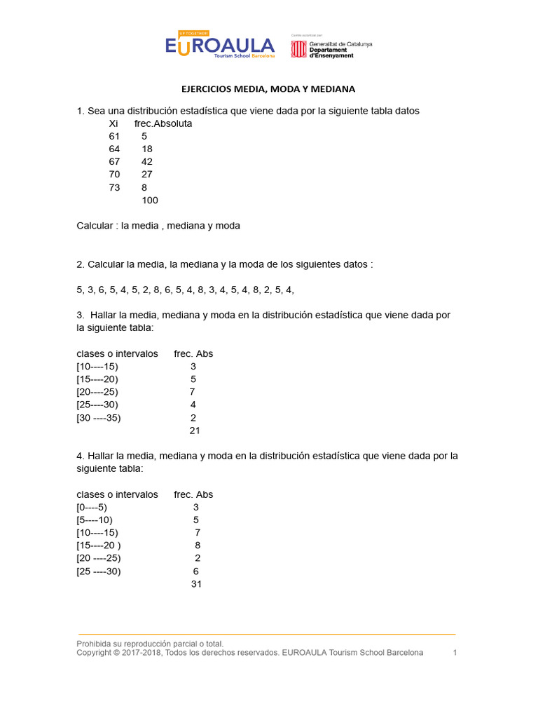 Ejercicios Media, Mediana y Modoa | PDF | Mediana