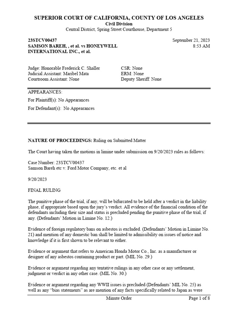 Bareh - 9-21-23 Minute Order Minute Order Court Order | PDF | Damages ...