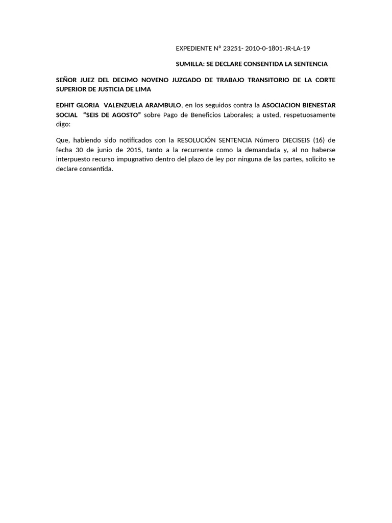 Declarar Consentida y Ejecutoriada La Sentencia Laboral | PDF