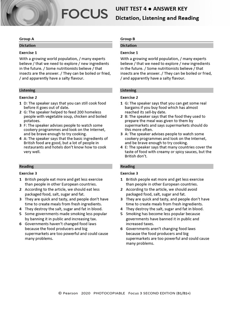Focus3 2E Unit Test Dictation Listening Reading Unit4 GroupA B ANSWERS ...