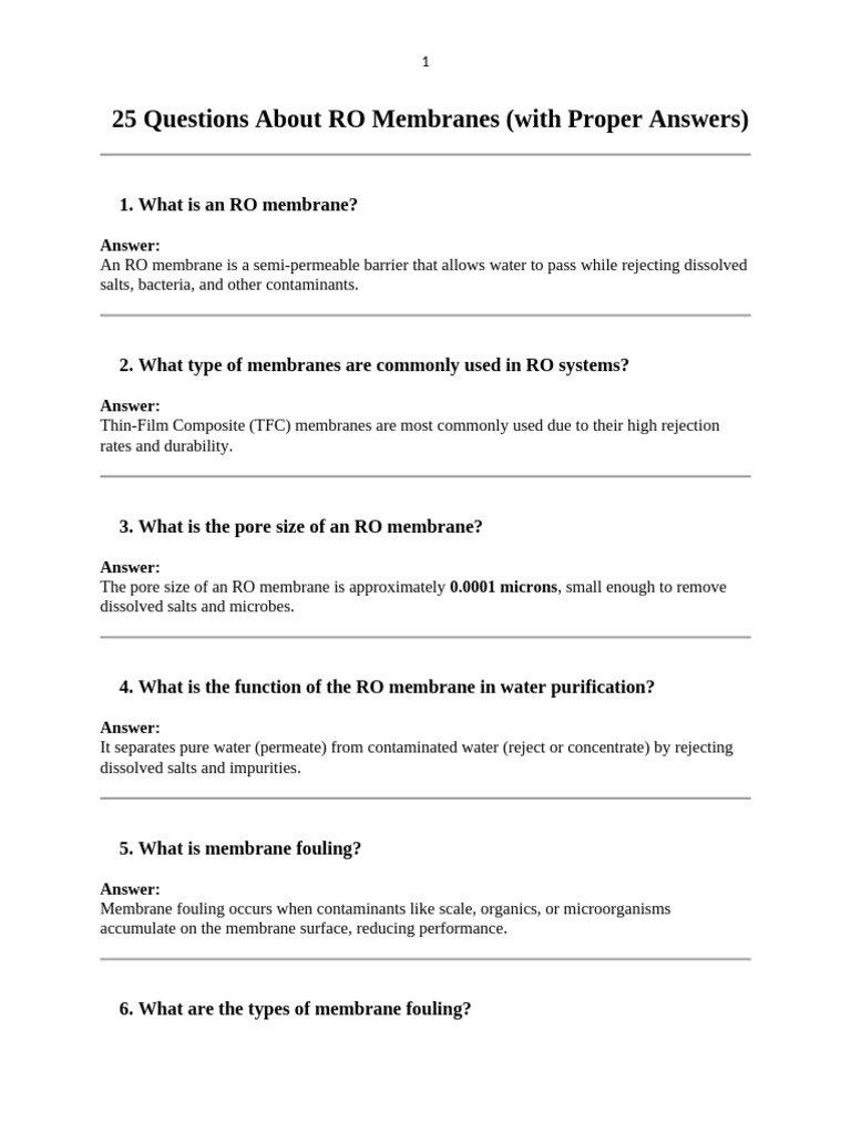 ? 25 Questions About RO Membranes | PDF | Membrane | Physical Sciences