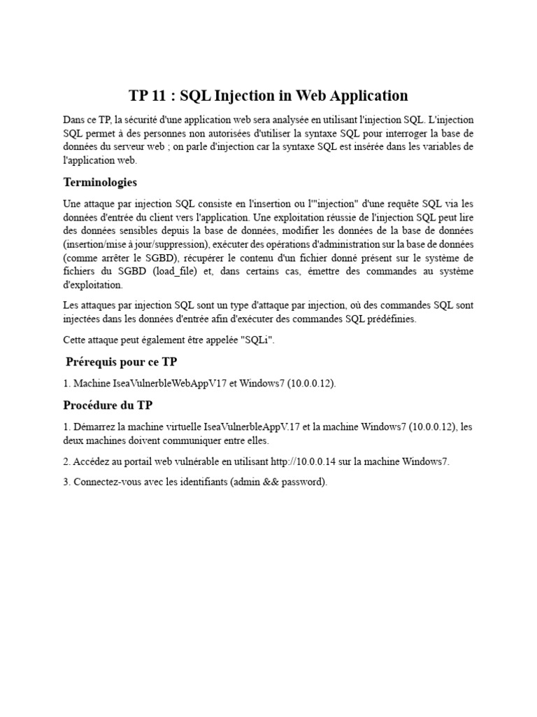 Analyse de l'injection SQL en application web | PDF | SQL | Informatique