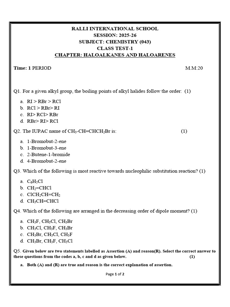 12th Chemistry Class Test QP. | PDF | Chemical Substances | Chemistry