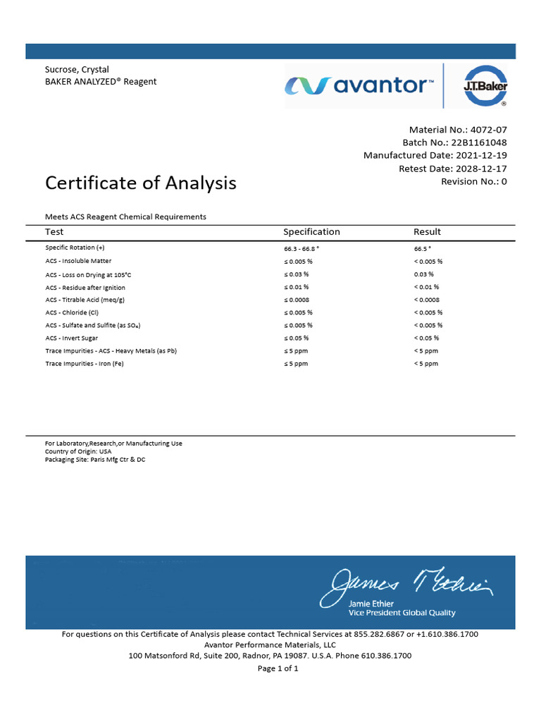 J.T. Baker Sucrose Certificate of Analysis | PDF