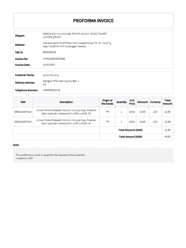 Proforma Invoice for Ortopedik Sneakers | PDF