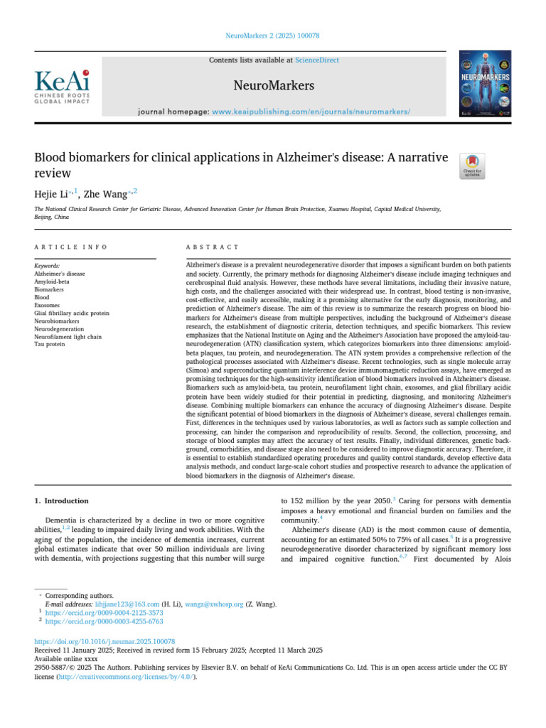Blood Biomarkers For Clinical Applications in Alzheimer S Dise - 2025 ...