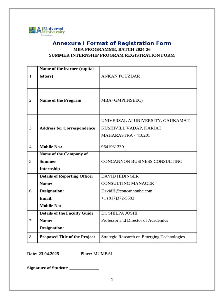 MBA Summer Internship Registration Form | PDF