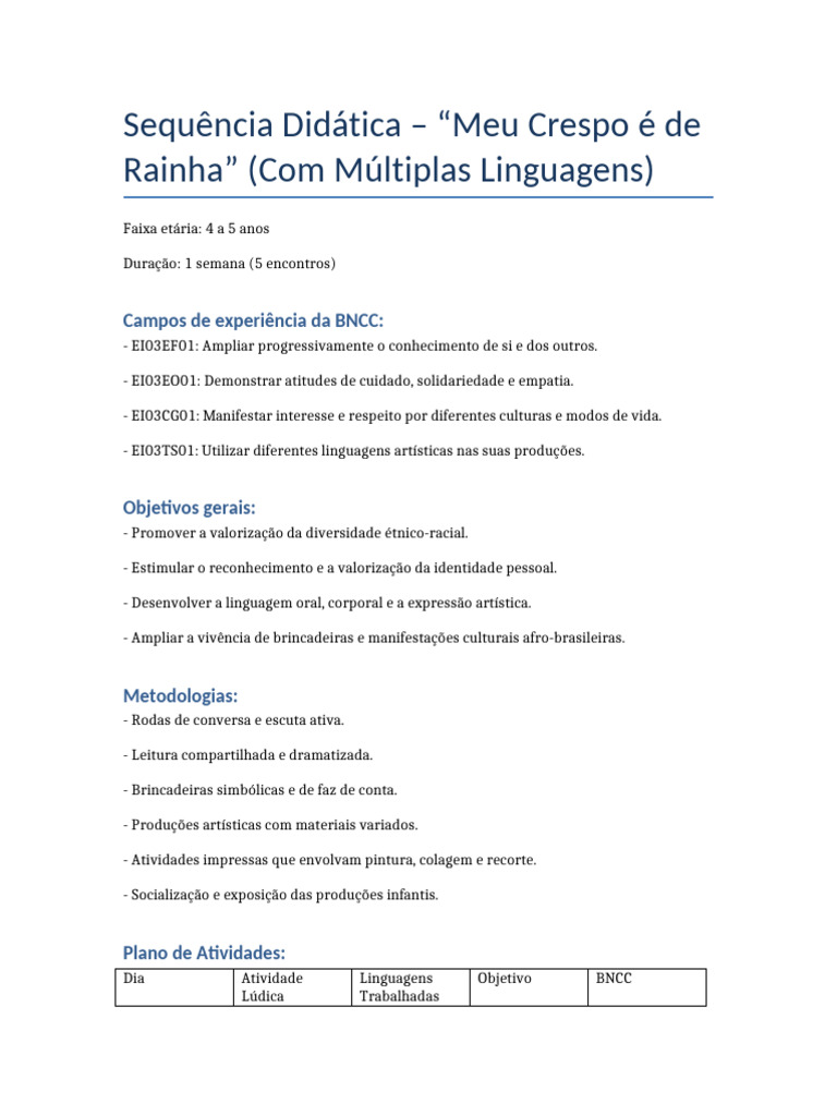 Sequência Didática: Meu Crespo é Rainha | PDF