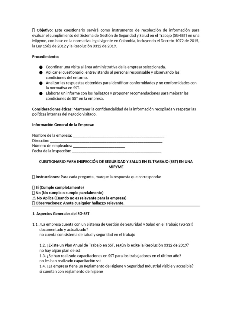 Cuestionario para Inspección de Seguridad y Salud en El Trabajo | PDF ...