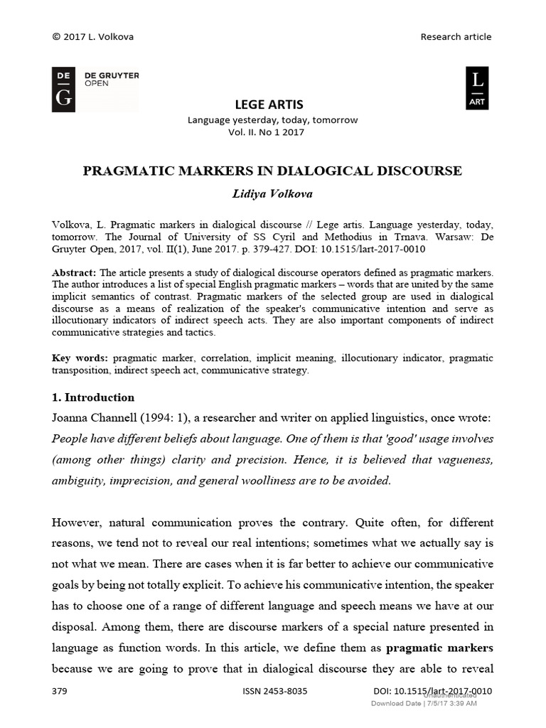 Pragmatic Markers in Dialogical Discourse | PDF | Word | Part Of Speech