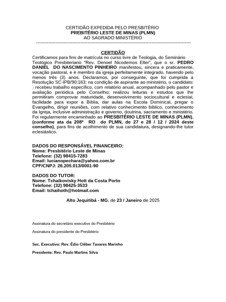 Certidão Expedida Pelo Presbitério | PDF