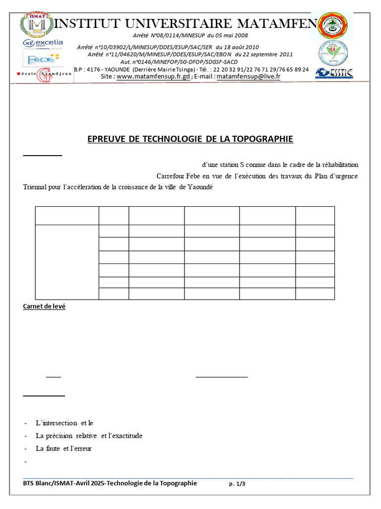 BTS Blanc 2025 : Technologie Topographique | PDF | Topographie ...