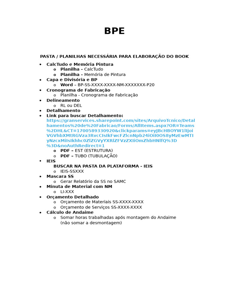 Elaboração do Book BPE e Planilhas Associadas | PDF