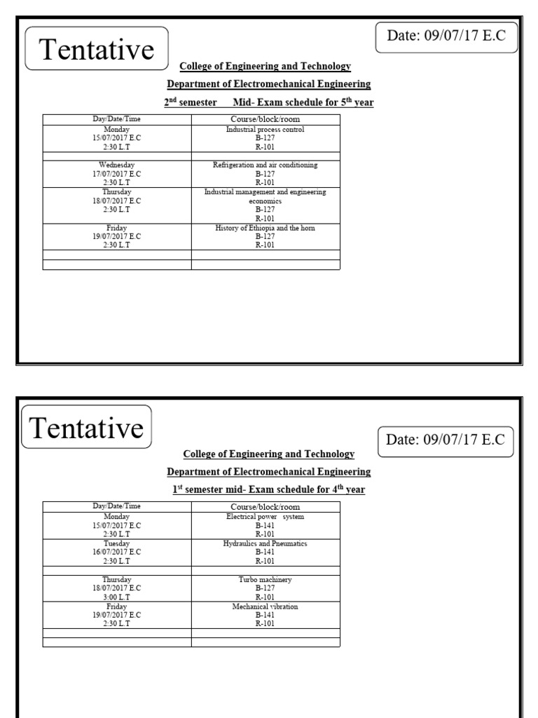 Tentative Mid-Exam Schedule - 2nd Semester - 2017 | PDF | Academic Term ...
