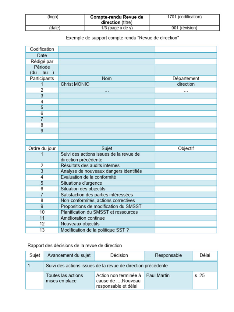 Compte Rendu Revue de Direction | PDF