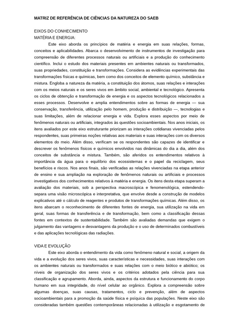 Matriz de Referência: Ciências da Natureza | PDF | Science | Vida
