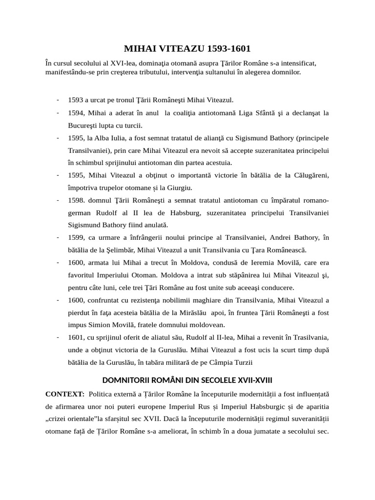LECȚIA 7. Spatiul Romanesc Intre Diplomatie Si Conflict Partea III | PDF
