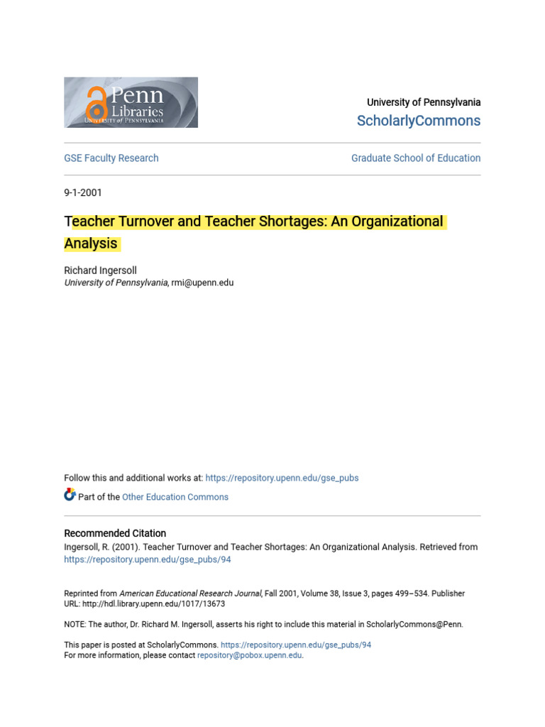 INGERSOLL RESEARCH Teacher Turnover and Teacher Shortages | PDF ...