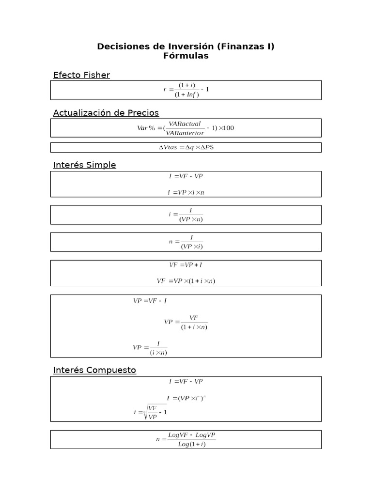 Decisiones de Inversión y Fórmulas Financieras | PDF